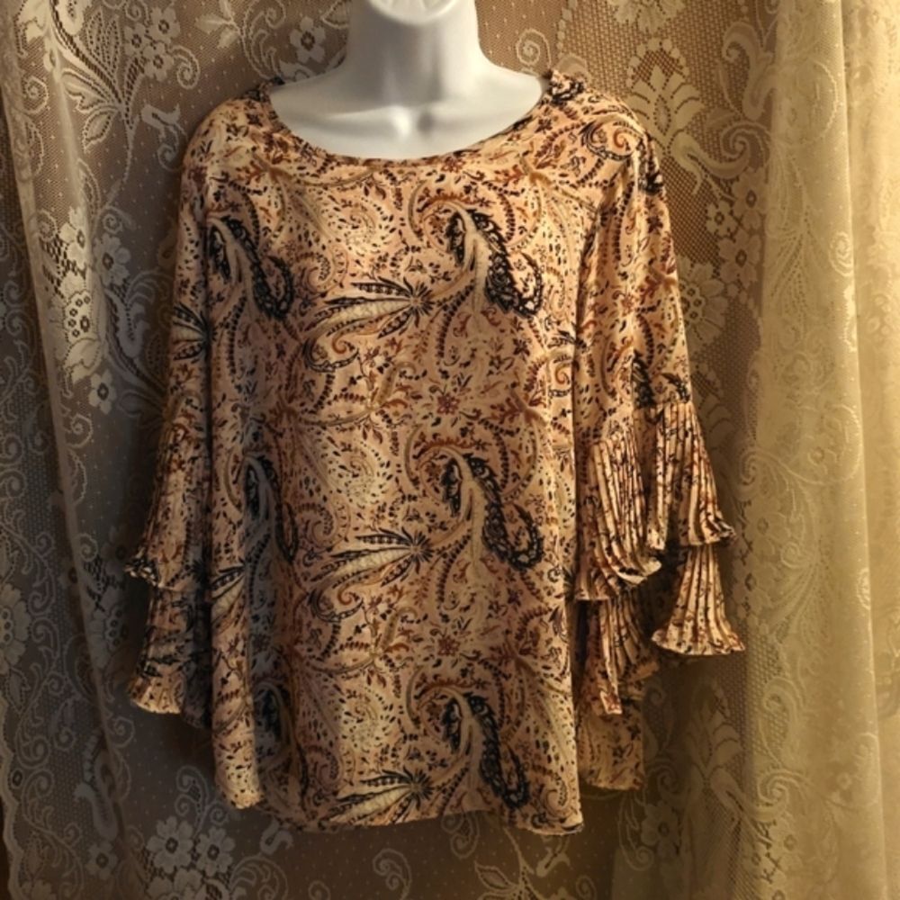 Est. 1946 Women's M Double‎ Ruffle 3/4 Sleeve Pink Brown Black Floral Top